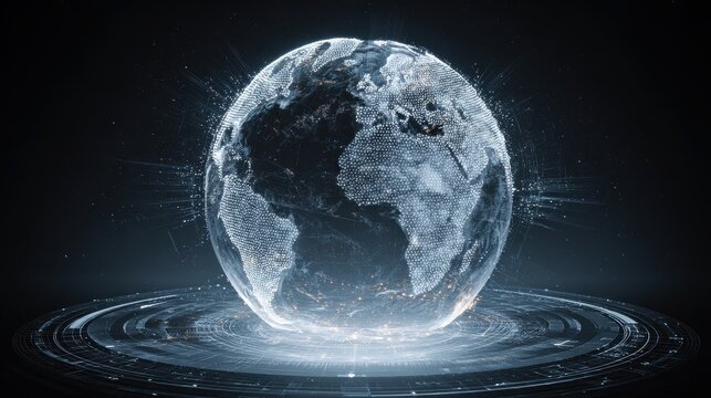 technology, cyberspace and virtual reality concept - hologram of earth globe and virtual screen projection over black background, no logos, no brands