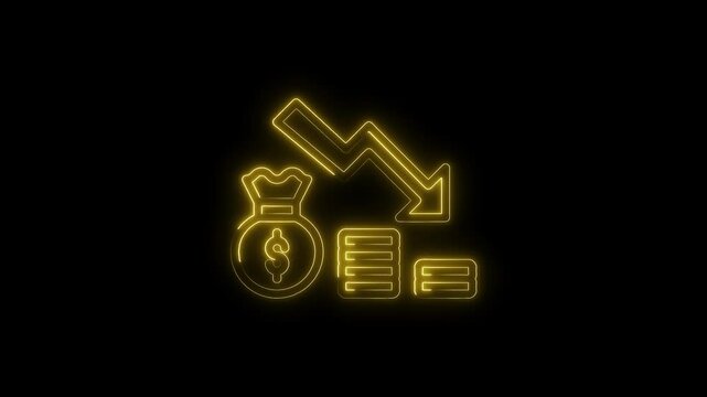 Neon money bag icon with a downward arrow representing financial loss on black background