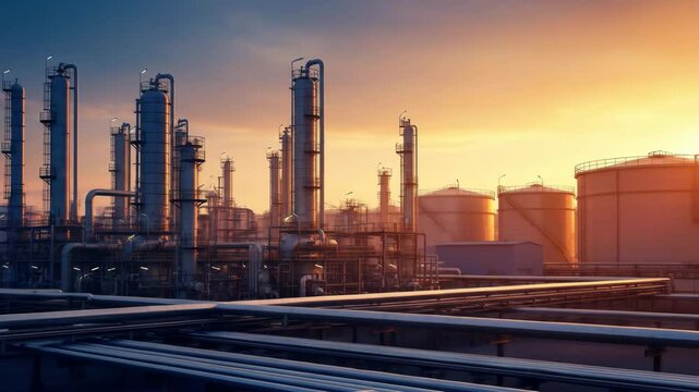 Industrial complex at sunrise or sunset steel structures tanks and pipelines manufacturing facility huge plant infrastructure industrial landscape