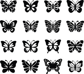 Fototapeta premium Collection of Various Butterfly Illustrations in Black Silhouette Style on White Background silhouette