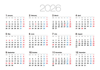 2026年の月曜始まりの年間カレンダーです。横位置