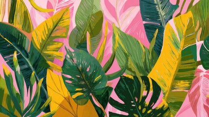 Tropical plants and Jungle background vector. colorful summer pattern design with topical foliage, arts brush and pink color. Modern wallpaper design for prints, poster, cover, cards and. homewares.,