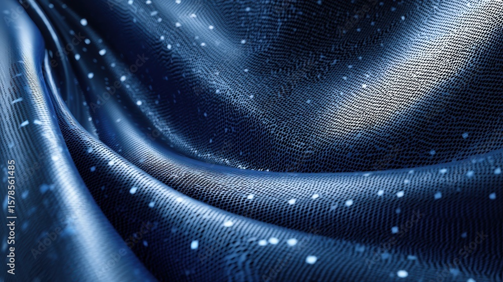 Poster blue perforated material flows smoothly with abstract design theme.
