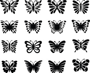 Fototapeta premium Collection of Various Butterfly Designs in Black Silhouette Style on White Background silhouette
