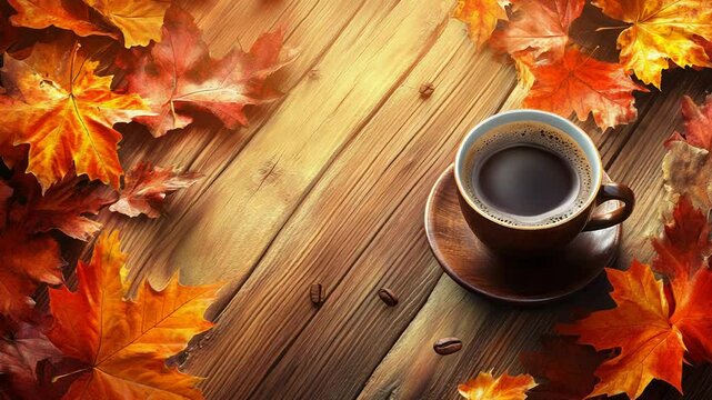 Steaming coffee surrounded by vibrant autumn leaves on rustic wood