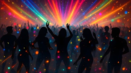 Rainbow Lights Wrapping Around a Dancing Party Crowd Silhouette