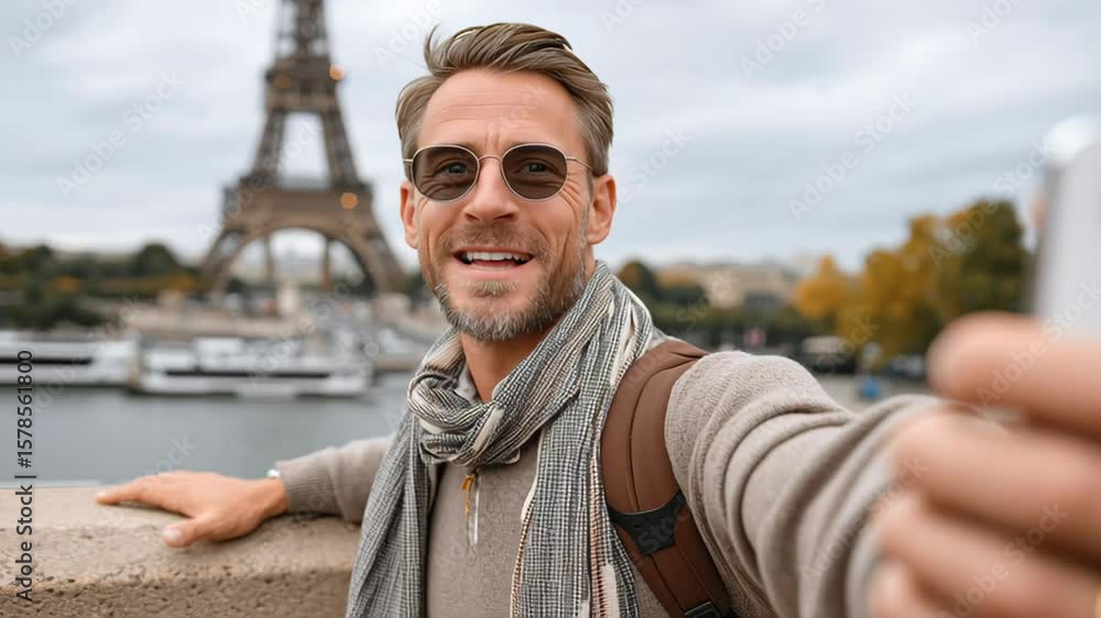 Poster man wearing a scarf and sunglasses is taking a selfie in front of the eiffel tower