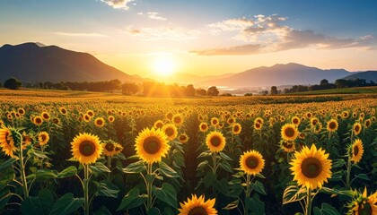 field of sunflowers at sunrise