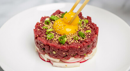 A plate of steak tartare with a fresh yolk on top