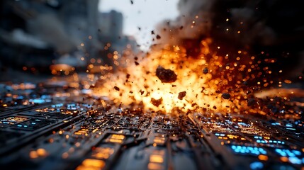 Obraz premium Fiery explosion with debris and smoke amidst a futuristic cityscape