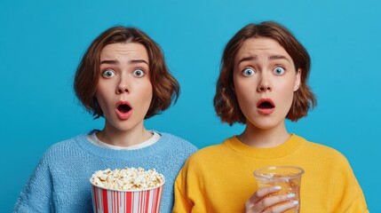 Astonished best friends watch horror film at home, stare with eyes popped out, eat popcorn, drink cold alcoholic beverage, enjoy home stream TV, dont believe something, isolated over blue background,