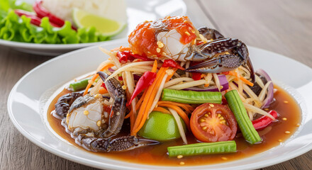 A plate of  Thai papaya salad with a fresh crab.