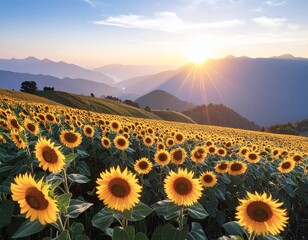 field of sunflowers at sunrise