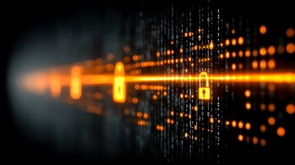 Abstract digital data stream with padlock icons, representing cybersecurity and data protection