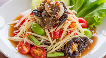 A plate of  Thai papaya salad with a raw fresh crab.