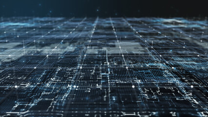 Futuristic Circuit Grid Network – Glowing Blue Tech Landscape Background