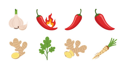 Culinary Spices: Garlic, Chili, Ginger, and Parsley Vector Set
