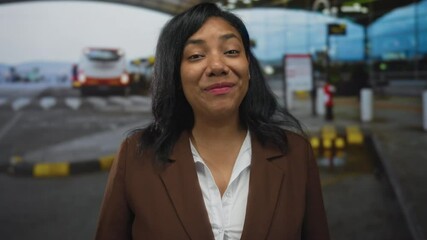 Smiling woman in brown blazer waves hand at airport curbside dropoff zone greeting passersby; friendly greeting.