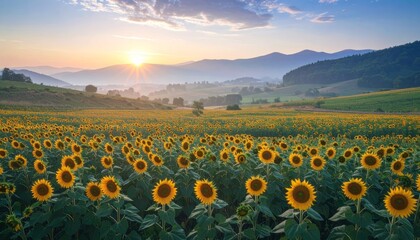 Obraz premium field of sunflowers at sunrise