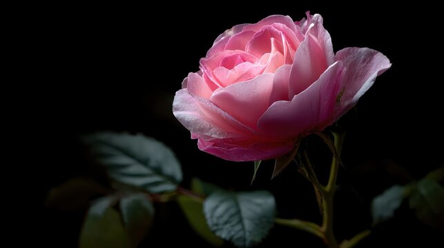 A close-up photo of a pink rose on a black background