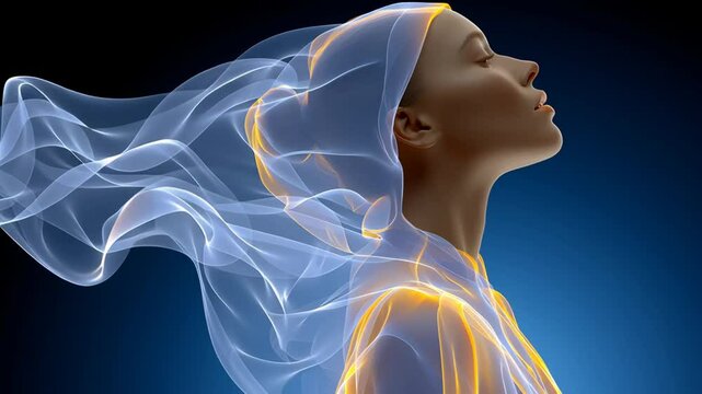 Woman with a long flowing scarf is shown in a blue background. The scarf is orange and white, and it is blowing in the wind. The woman is looking up