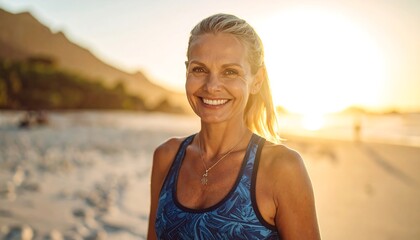 Smiling woman on beach at sunset