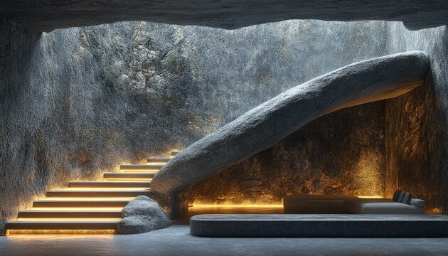 Modern interior, stone steps with led, cave with couch inside. Use for architecture, nature concepts, and unique designs.