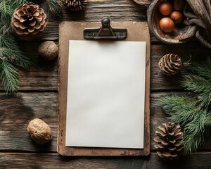 Rustic clipboard with white paper, pine cones, nuts on wooden table. Great for holiday greetings, seasonal planning, or food recipes.