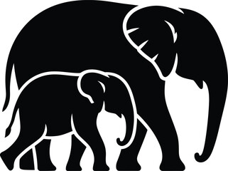 Obraz premium Elephant Family Walking Together Black Silhouette Illustration on White Background silhouette