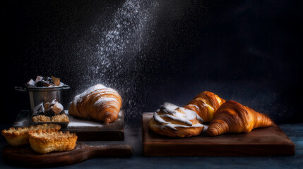 Artisan bakery kitchen shop display delicious pastries bread assortment baking ingredients preparation messy workspace