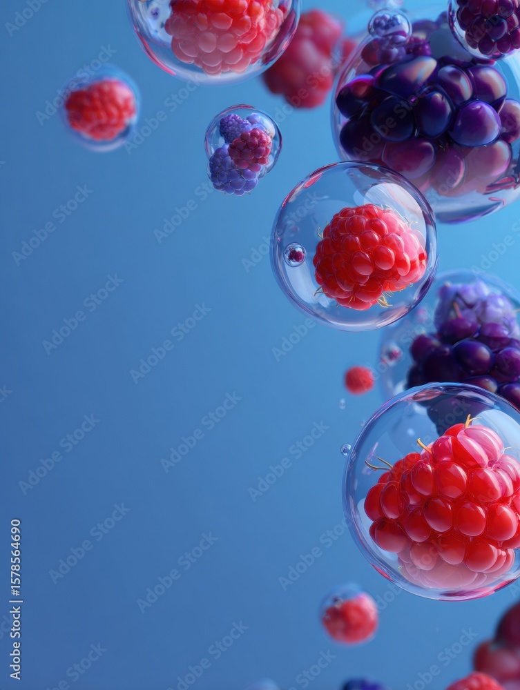 Poster floating transparent bubbles showcase vibrant berries in a futuristic design, creating a captivating