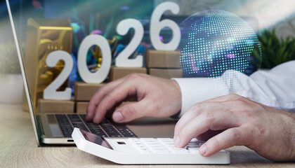 Futuristic 2026 concept featuring global finance, digital investment, and economic strategy using...