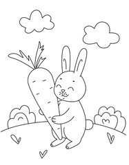 Simple silhouette of cartoon rabbit with large carrot. Primitive drawing of an animal in glade. Cute coloring book for small children vector illustration.