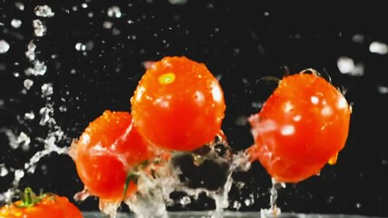 Very slow motion of cherry tomatoes falling from above onto a black background, splashing water on the tomatoes. Filmed with a high-speed cinema camera that recorded the images in super slow motion - Powered by Adobe