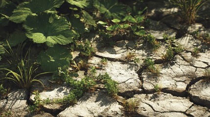 Obraz premium Green Plants and Cracked Dry Soil - Nature Contrast - Close-Up