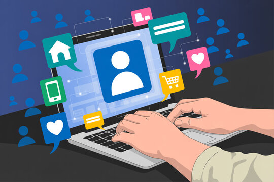 A digital marketing and social media concept image showing hands typing on a silver laptop keyboard with a glowing holographic interface overlay .