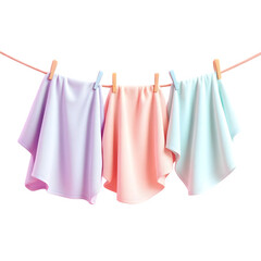 Three pastelcolored towels, light purple, peach, and light blue, gently hanging on a clothesline with wooden clothespins, isolated on a transparent background