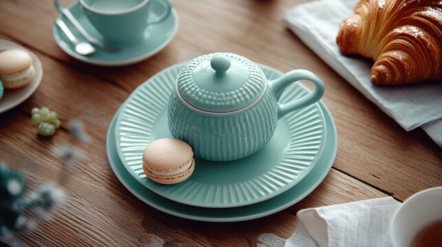 Teal ceramic tea set with pastries on a wooden table