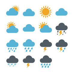 Obraz premium Collection of simple, flat design weather icons including sun, clouds, rain, and thunderstorms for forecasting and meteorology.