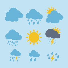 Collection of weather icons depicting sunny skies, rain, thunderstorms, and clouds against a light blue background.
