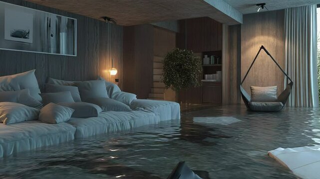 Flooded living room with sofa and shark fin emerging from water