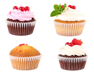 Compilation of Four Cupcakes Featuring Pink White and Yellow Icing with Berries and Mint on a Transparent Background