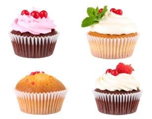 Compilation of Four Cupcakes Featuring Pink White and Yellow Icing with Berries and Mint on a Transparent Background