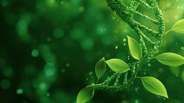 Verdant DNA helix sprouts leaves against a bokeh backdrop of green