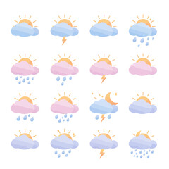 Obraz premium A collection of whimsical weather icons depicting various conditions, including sunny, cloudy, rainy, and stormy, perfect for weather forecasts and design projects.