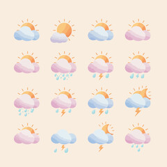 A collection of weather icons featuring sun, clouds, rain, and lightning in a soft, watercolor style, perfect for weather forecasts and design projects.