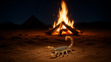 Desert Scorpion Near Campfire at Night. 

