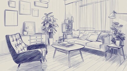 Fototapeta premium Interior design landing page. sketch of living room. Hand drawn furniture, no logos, no brands