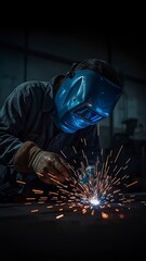 Welder working with metal and bright sparks in a dark factory environment wearing protective gear.