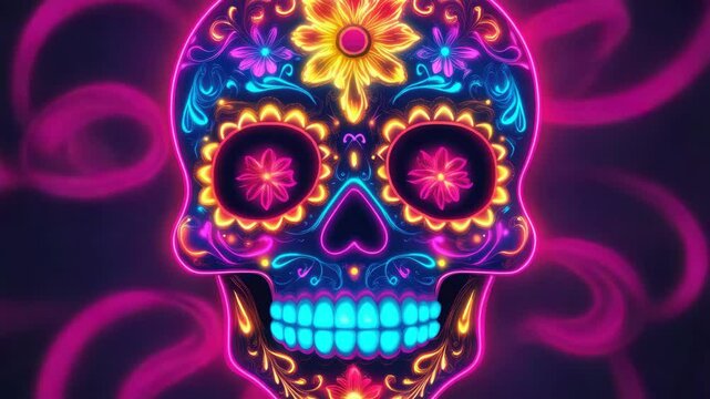 A skull with a flower on it. The flower is pink and yellow. The skull is neon and has a blue mouth - Powered by Adobe